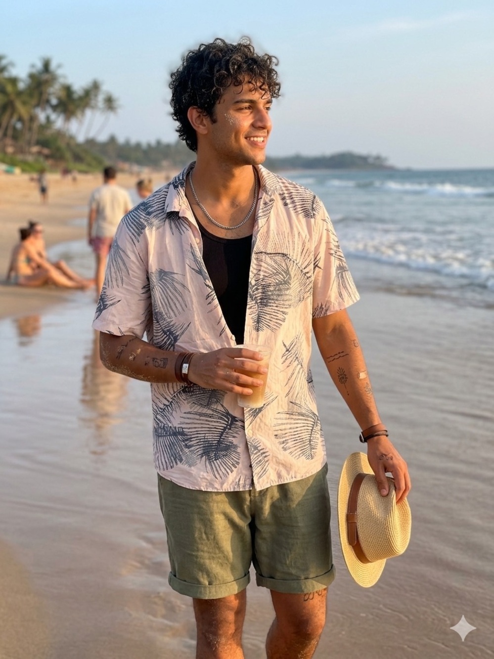 Men's Short-Sleeve Beach Button-Up 100% Cotton Shirt Cream with Navy Palm Print